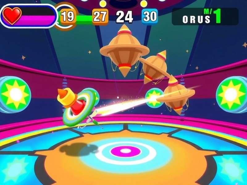 Ultra Spin Champion - Exciting Gameplay Action Ultra Spin Champion gameplay screenshot showing two tops battling in a colorful arena